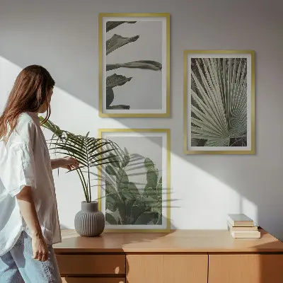 Juego de 3 cuadros con diseño de hojas de plantas tropicales en tonos pastel