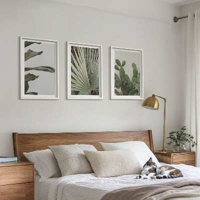 Juego de 3 cuadros Hojas de plantas tropicales en tonos pastel