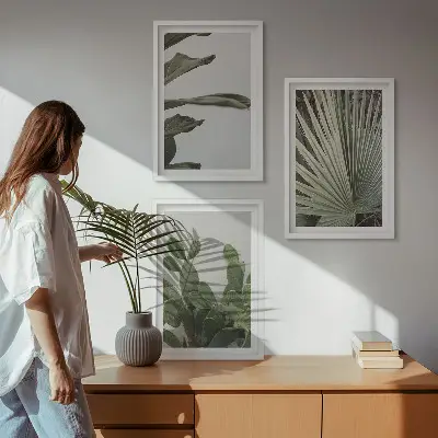 Juego de 3 cuadros con diseño de hojas de plantas tropicales en tonos pastel