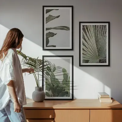Juego de 3 cuadros con diseño de hojas de plantas tropicales en tonos pastel