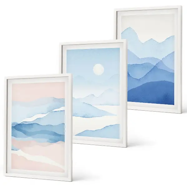 Set de 3 cuadros para salón acuarela de montañas en tonos azul y rosado