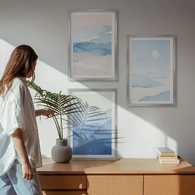 Set de 3 cuadros para salón acuarela de montañas en tonos azul y rosado