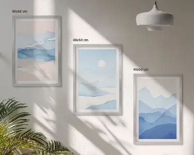 Set de 3 cuadros para salón acuarela de montañas en tonos azul y rosado