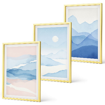 Set de 3 cuadros para salón Acuarela de montañas azul rosado