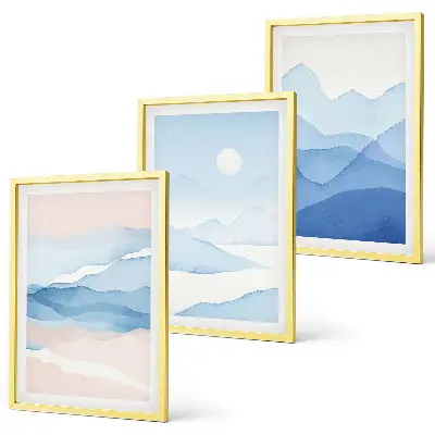 Set de 3 cuadros para salón acuarela de montañas en tonos azul y rosado