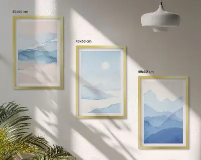 Set de 3 cuadros para salón acuarela de montañas en tonos azul y rosado