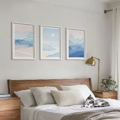 Set de 3 cuadros para salón acuarela de montañas en tonos azul y rosado
