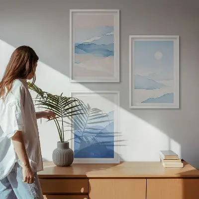 Set de 3 cuadros para salón acuarela de montañas en tonos azul y rosado