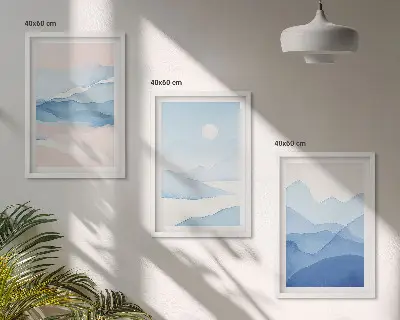 Set de 3 cuadros para salón acuarela de montañas en tonos azul y rosado