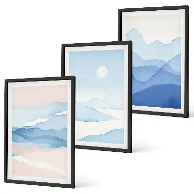 Set de 3 cuadros para salón acuarela de montañas en tonos azul y rosado