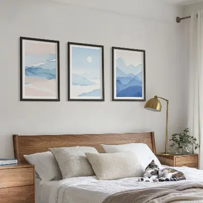 Set de 3 cuadros para salón acuarela de montañas en tonos azul y rosado