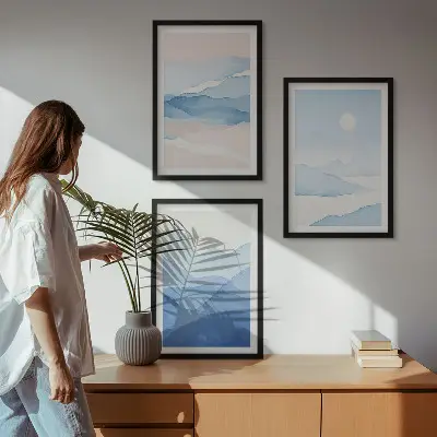 Set de 3 cuadros para salón acuarela de montañas en tonos azul y rosado