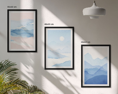 Set de 3 cuadros para salón Acuarela de montañas azul rosado