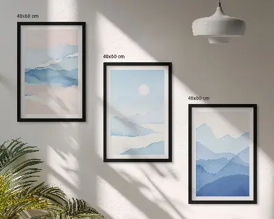 Set de 3 cuadros para salón acuarela de montañas en tonos azul y rosado