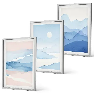Set de 3 cuadros para salón acuarela de montañas en tonos azul y rosado