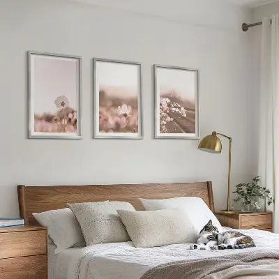 Set de 3 cuadros para salón con diseño de paisaje de praderas de flores silvestres en verano