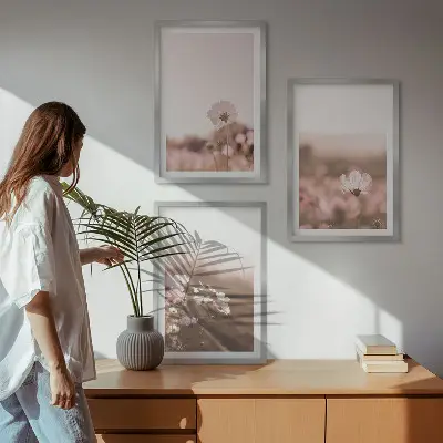 Set de 3 cuadros para salón con diseño de paisaje de praderas de flores silvestres en verano