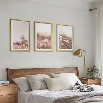 Set de 3 cuadros para salón con diseño de paisaje de praderas de flores silvestres en verano