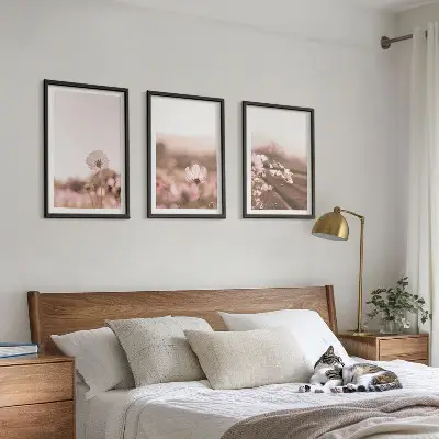 Set de 3 cuadros para salón con diseño de paisaje de praderas de flores silvestres en verano