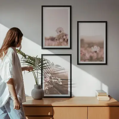Set de 3 cuadros para salón con diseño de paisaje de praderas de flores silvestres en verano