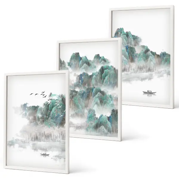 Juego de 3 cuadros diseño japandi con montañas, nubes, pájaros y barco