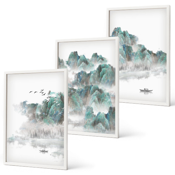 Juego de 3 cuadros Montañas, nubes, pájaros, barco, japandi