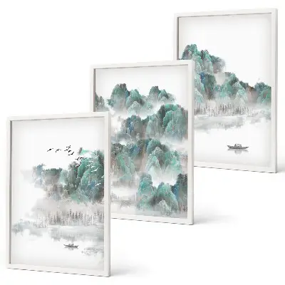 Juego de 3 cuadros diseño japandi con montañas, nubes, pájaros y barco