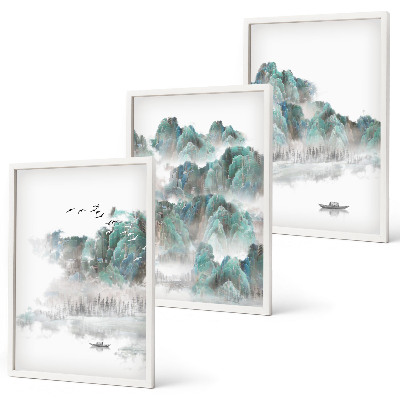 Juego de 3 cuadros Montañas, nubes, pájaros, barco, japandi