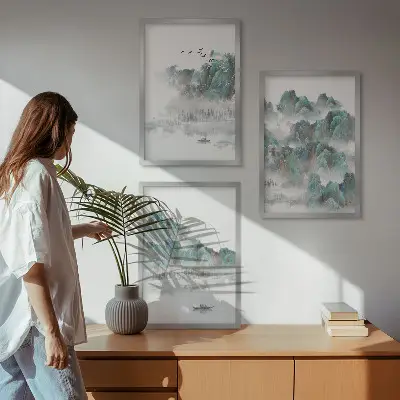Juego de 3 cuadros diseño japandi con montañas, nubes, pájaros y barco