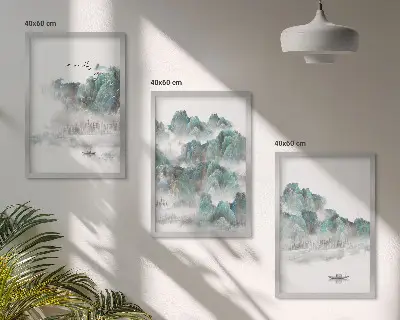 Juego de 3 cuadros diseño japandi con montañas, nubes, pájaros y barco