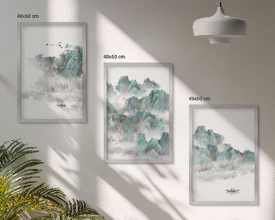 Juego de 3 cuadros Montañas, nubes, pájaros, barco, japandi