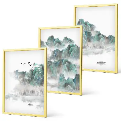Juego de 3 cuadros diseño japandi con montañas, nubes, pájaros y barco
