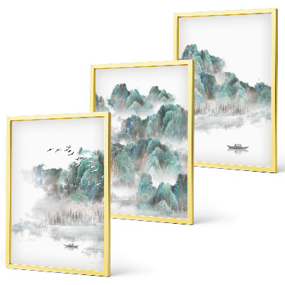 Juego de 3 cuadros Montañas, nubes, pájaros, barco, japandi