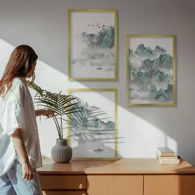 Juego de 3 cuadros diseño japandi con montañas, nubes, pájaros y barco