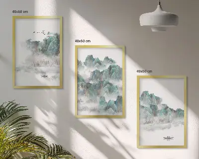 Juego de 3 cuadros diseño japandi con montañas, nubes, pájaros y barco