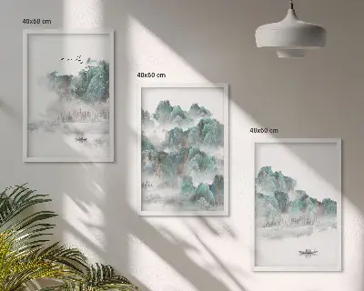 Juego de 3 cuadros diseño japandi con montañas, nubes, pájaros y barco