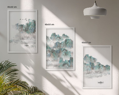 Juego de 3 cuadros Montañas, nubes, pájaros, barco, japandi