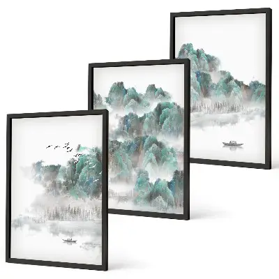 Juego de 3 cuadros diseño japandi con montañas, nubes, pájaros y barco