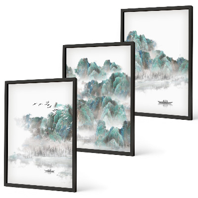 Juego de 3 cuadros Montañas, nubes, pájaros, barco, japandi