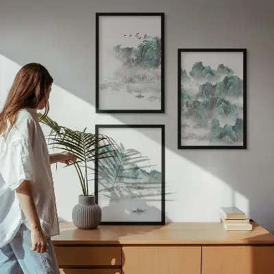 Juego de 3 cuadros diseño japandi con montañas, nubes, pájaros y barco