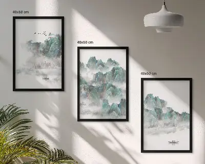 Juego de 3 cuadros diseño japandi con montañas, nubes, pájaros y barco