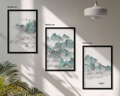 Juego de 3 cuadros Montañas, nubes, pájaros, barco, japandi