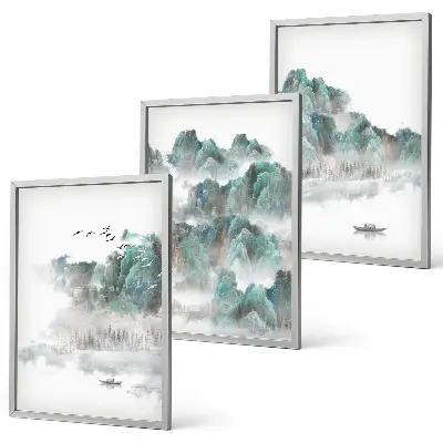 Juego de 3 cuadros diseño japandi con montañas, nubes, pájaros y barco