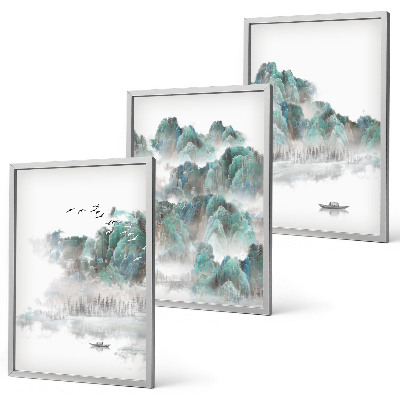 Juego de 3 cuadros Montañas, nubes, pájaros, barco, japandi