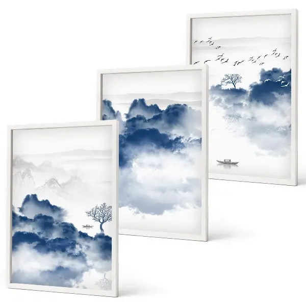 Set de 3 cuadros para salón con diseño de montañas, nubes, árboles y pájaros