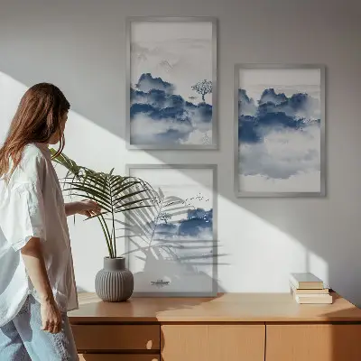 Set de 3 cuadros para salón con diseño de montañas, nubes, árboles y pájaros
