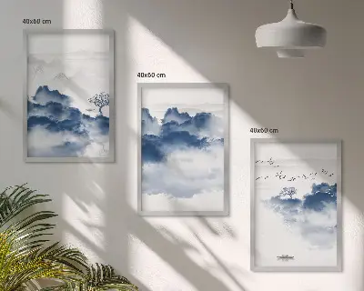 Set de 3 cuadros para salón con diseño de montañas, nubes, árboles y pájaros