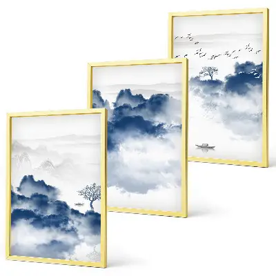 Set de 3 cuadros para salón con diseño de montañas, nubes, árboles y pájaros