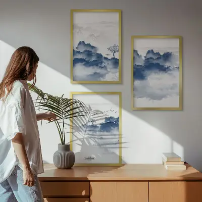 Set de 3 cuadros para salón con diseño de montañas, nubes, árboles y pájaros