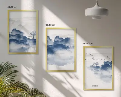 Set de 3 cuadros para salón con diseño de montañas, nubes, árboles y pájaros